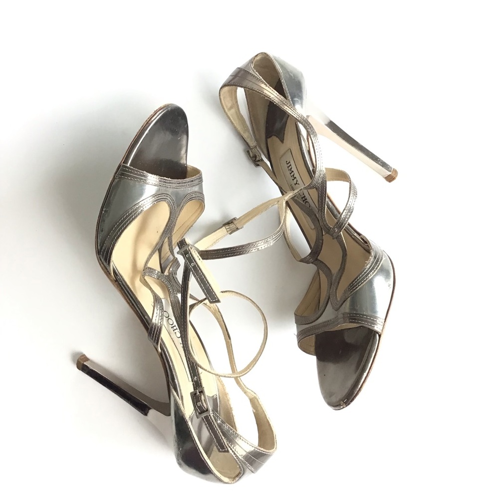 Jimmy Choo Heels 39.5 Silver Mirror Strappy Cage - Picture 9 of 12